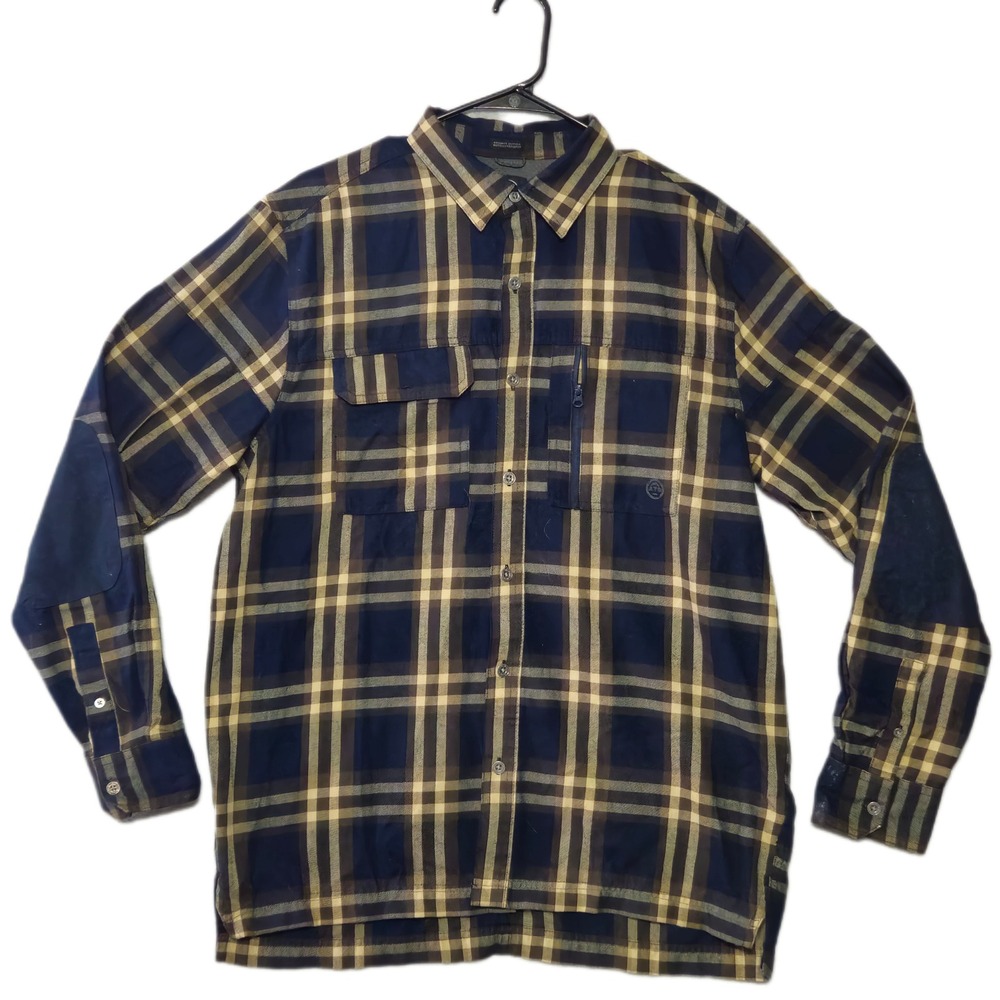 Wrangler ATG Mens Button Down Shirt Medium Navy Blue Tan Plaid Reinforced Elbows